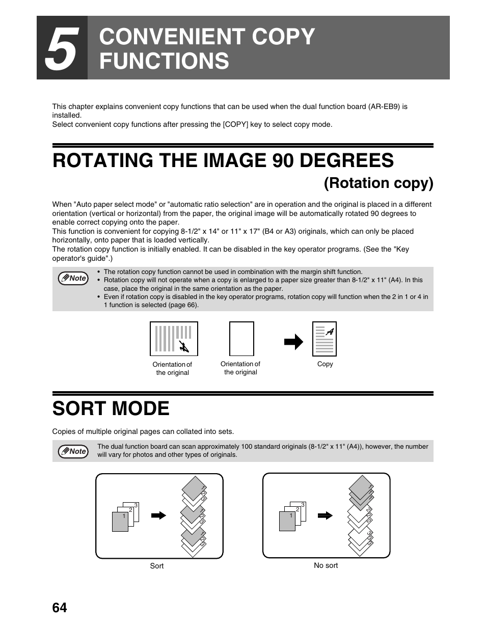 Convenient copy functions, Rotating the image 90 degrees, Sort mode | Rotation copy) | Sharp AR-M162 User Manual | Page 66 / 372