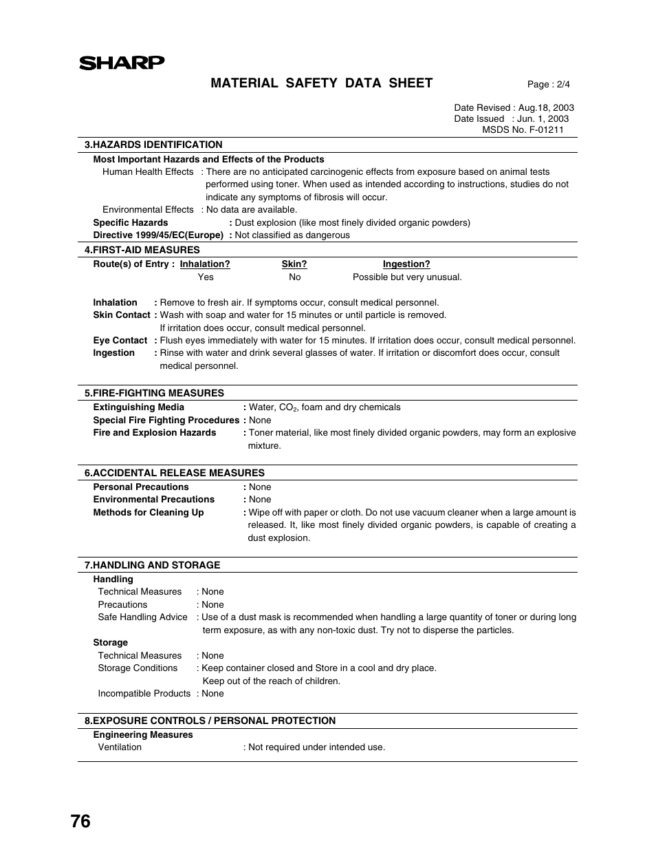 Material safety data sheet | Sharp AR-M162 User Manual | Page 78 / 372