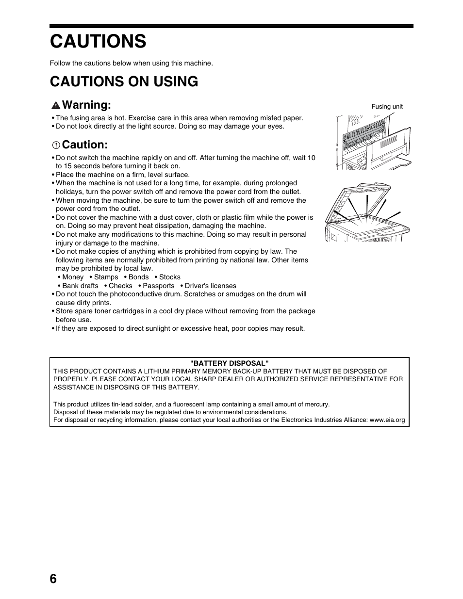 Cautions, Cautions on using, Warning | Caution | Sharp AR-M162 User Manual | Page 8 / 372
