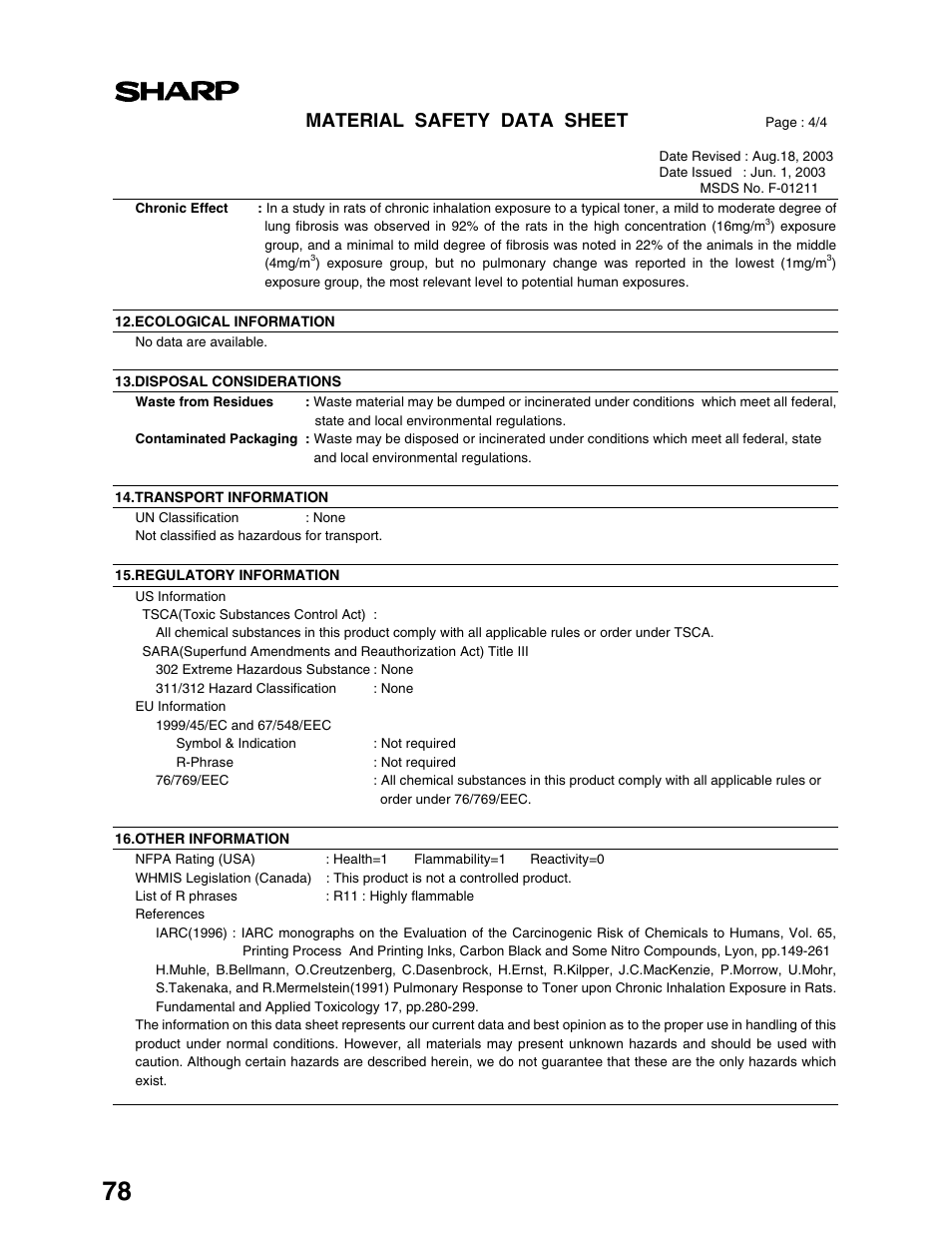 Material safety data sheet | Sharp AR-M162 User Manual | Page 80 / 372