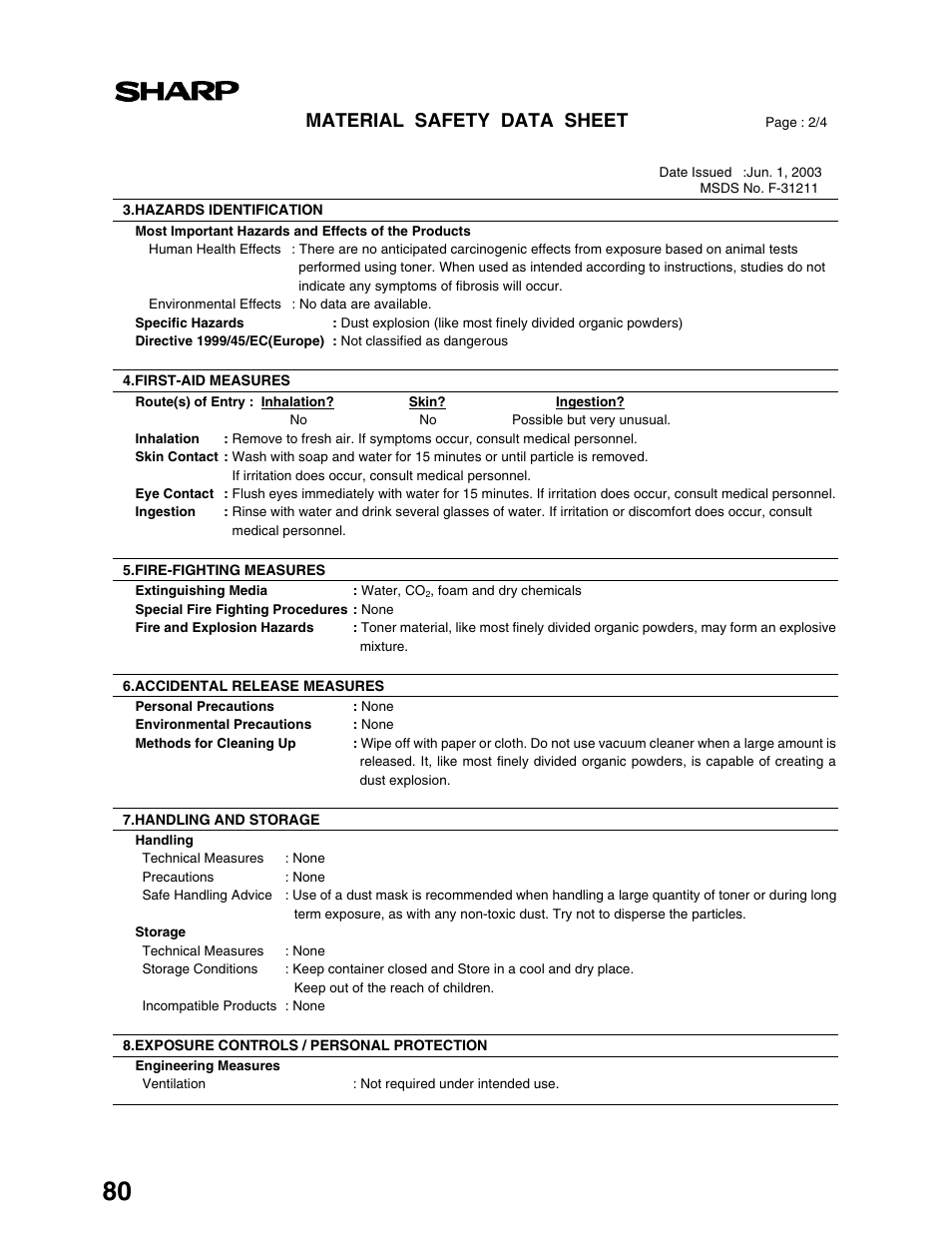 Material safety data sheet | Sharp AR-M162 User Manual | Page 82 / 372