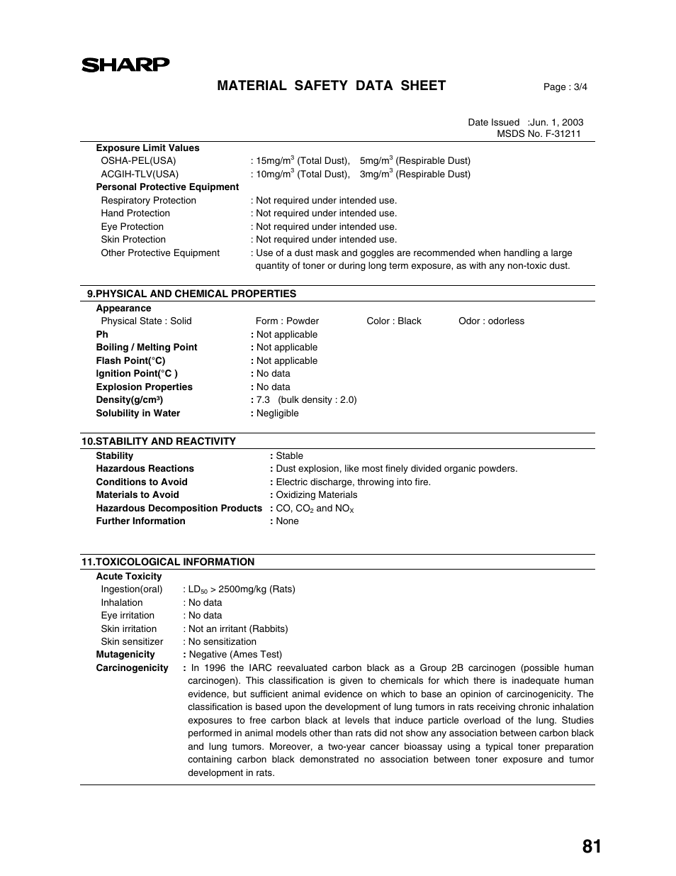 Material safety data sheet | Sharp AR-M162 User Manual | Page 83 / 372