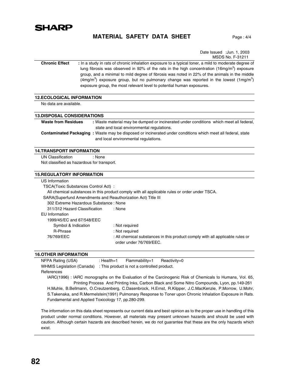 Material safety data sheet | Sharp AR-M162 User Manual | Page 84 / 372