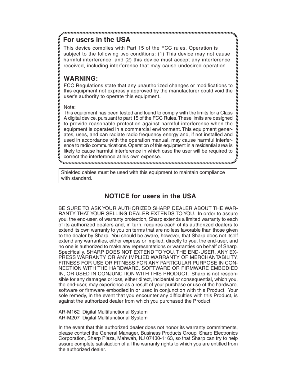 For users in the usa | Sharp AR-M162 User Manual | Page 91 / 372