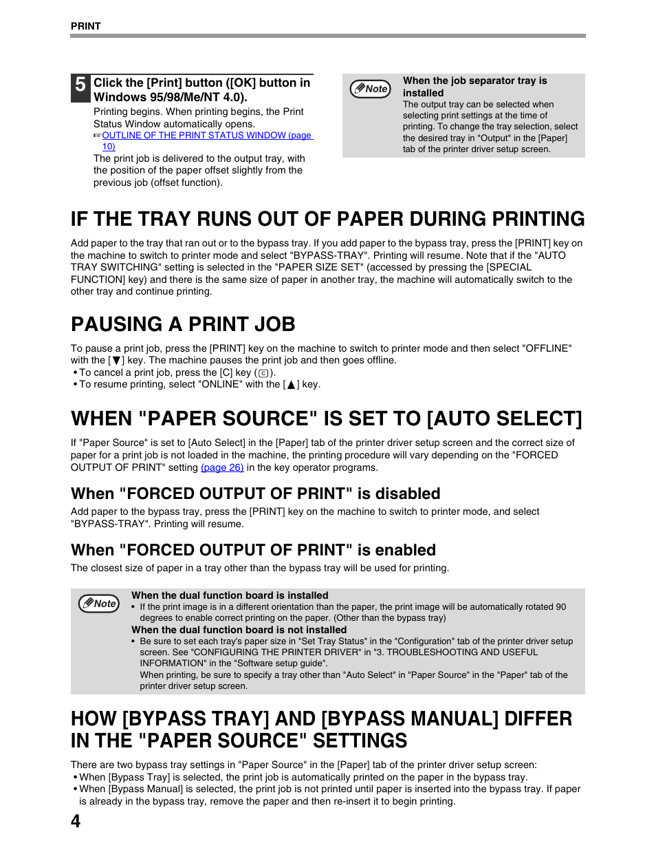 If the tray runs out of paper during printing, Pausing a print job, When "paper source" is set to [auto select | When "forced output of print" is disabled, When "forced output of print" is enabled | Sharp AR-M162 User Manual | Page 97 / 372