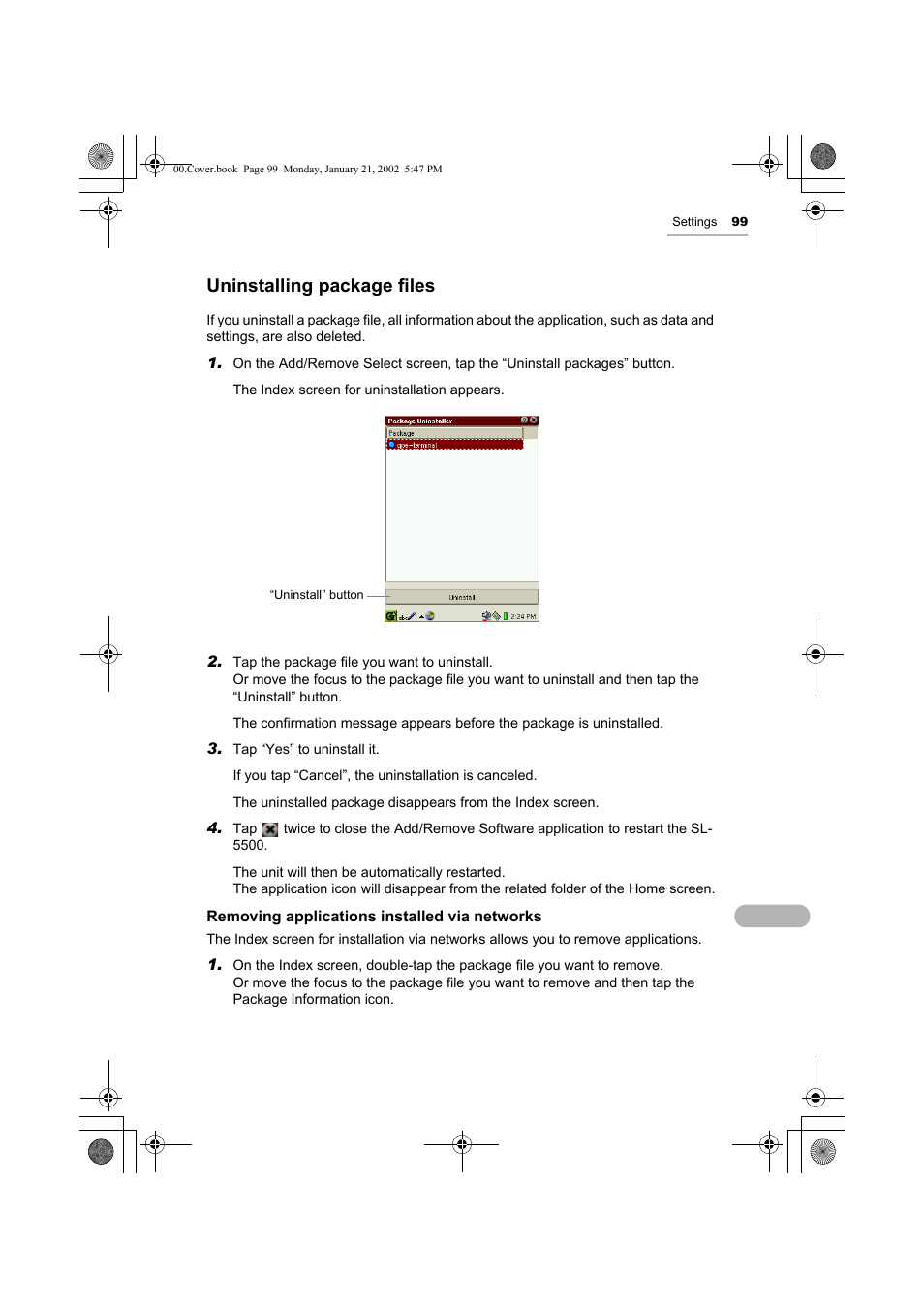 Uninstalling package files | Sharp SL-5500 User Manual | Page 104 / 148