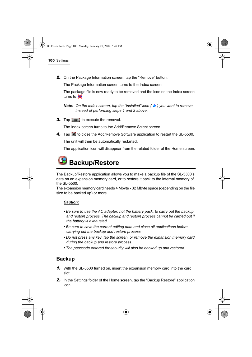 Backup/restore, Backup | Sharp SL-5500 User Manual | Page 105 / 148