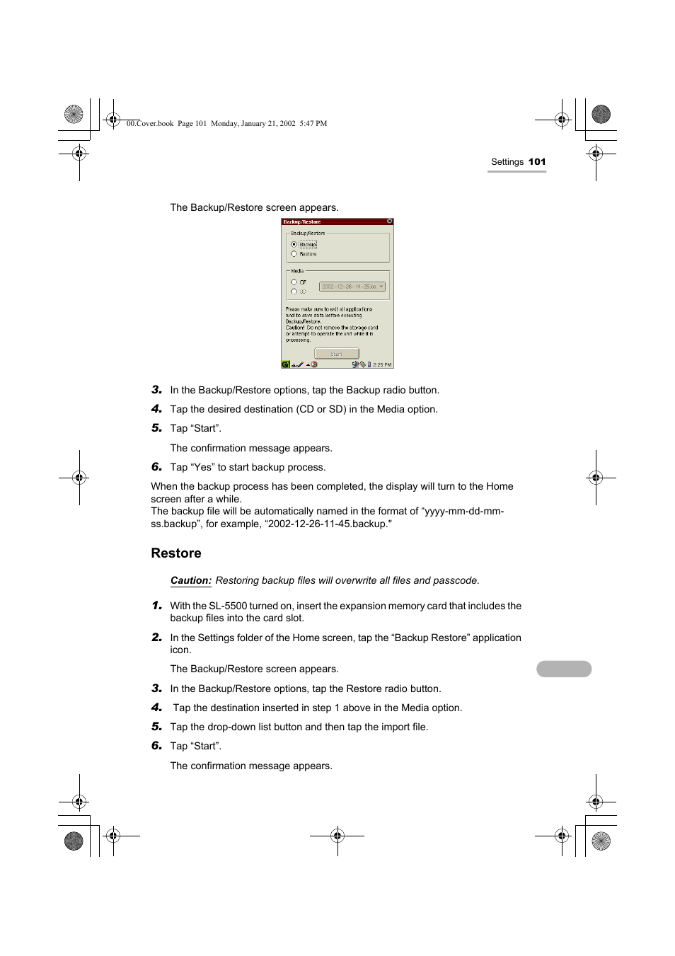 Restore | Sharp SL-5500 User Manual | Page 106 / 148