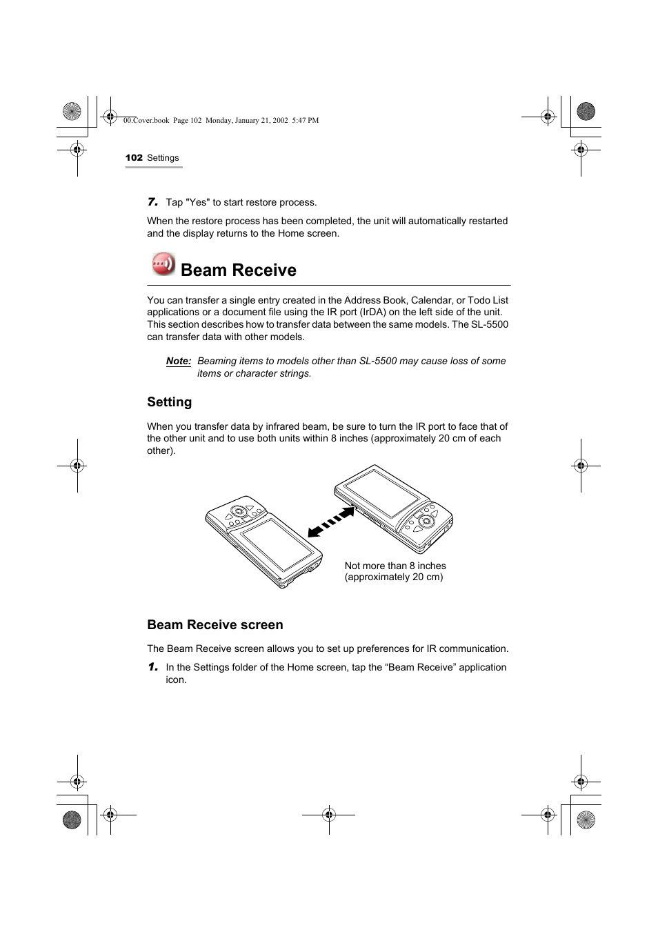 Beam receive, Setting, Beam receive screen | Sharp SL-5500 User Manual | Page 107 / 148