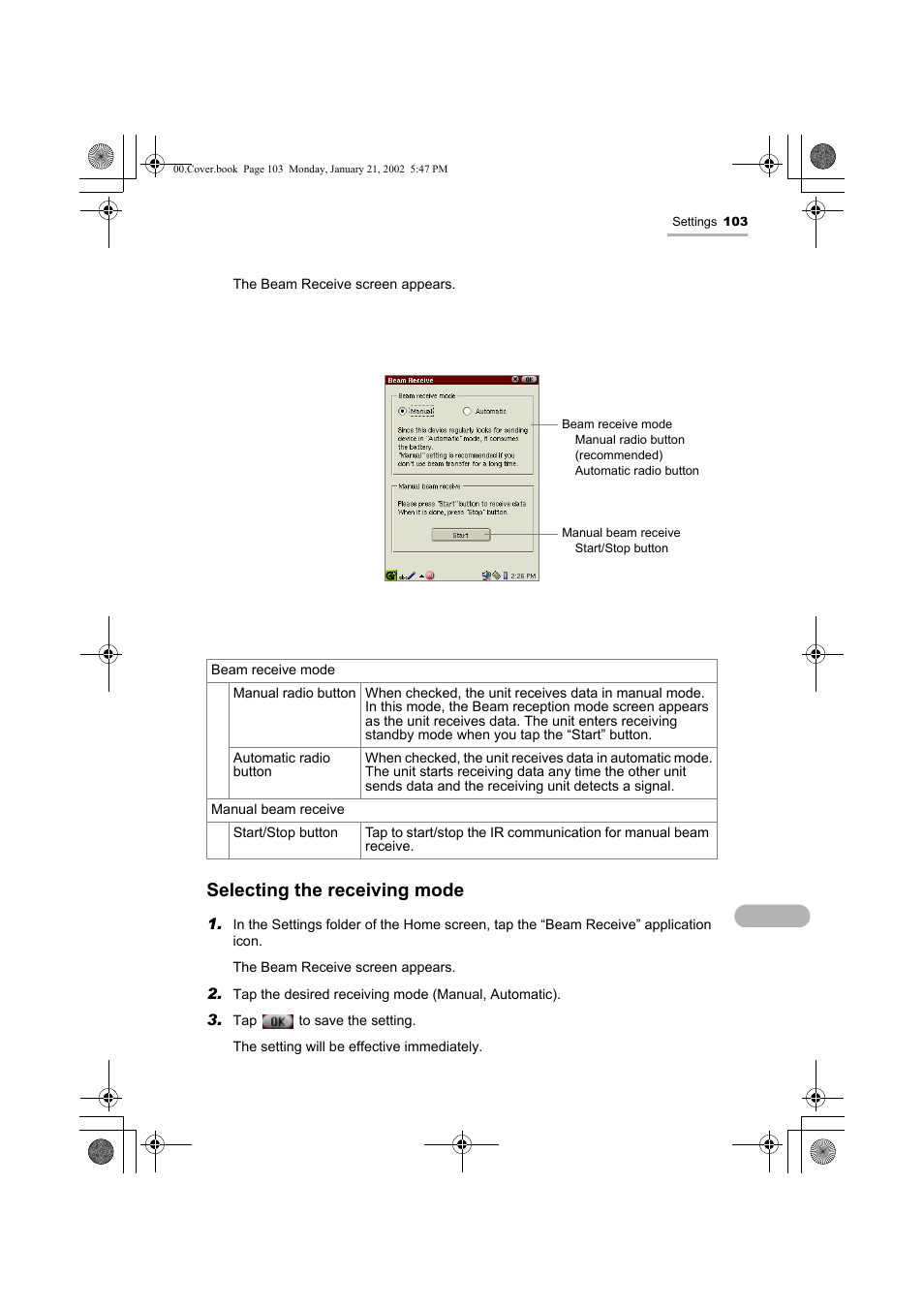 Selecting the receiving mode | Sharp SL-5500 User Manual | Page 108 / 148