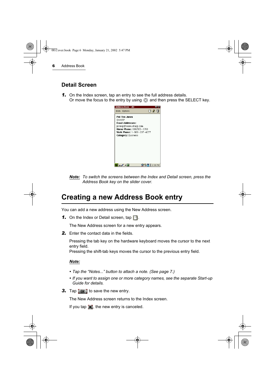 Creating a new address book entry, Detail screen | Sharp SL-5500 User Manual | Page 11 / 148