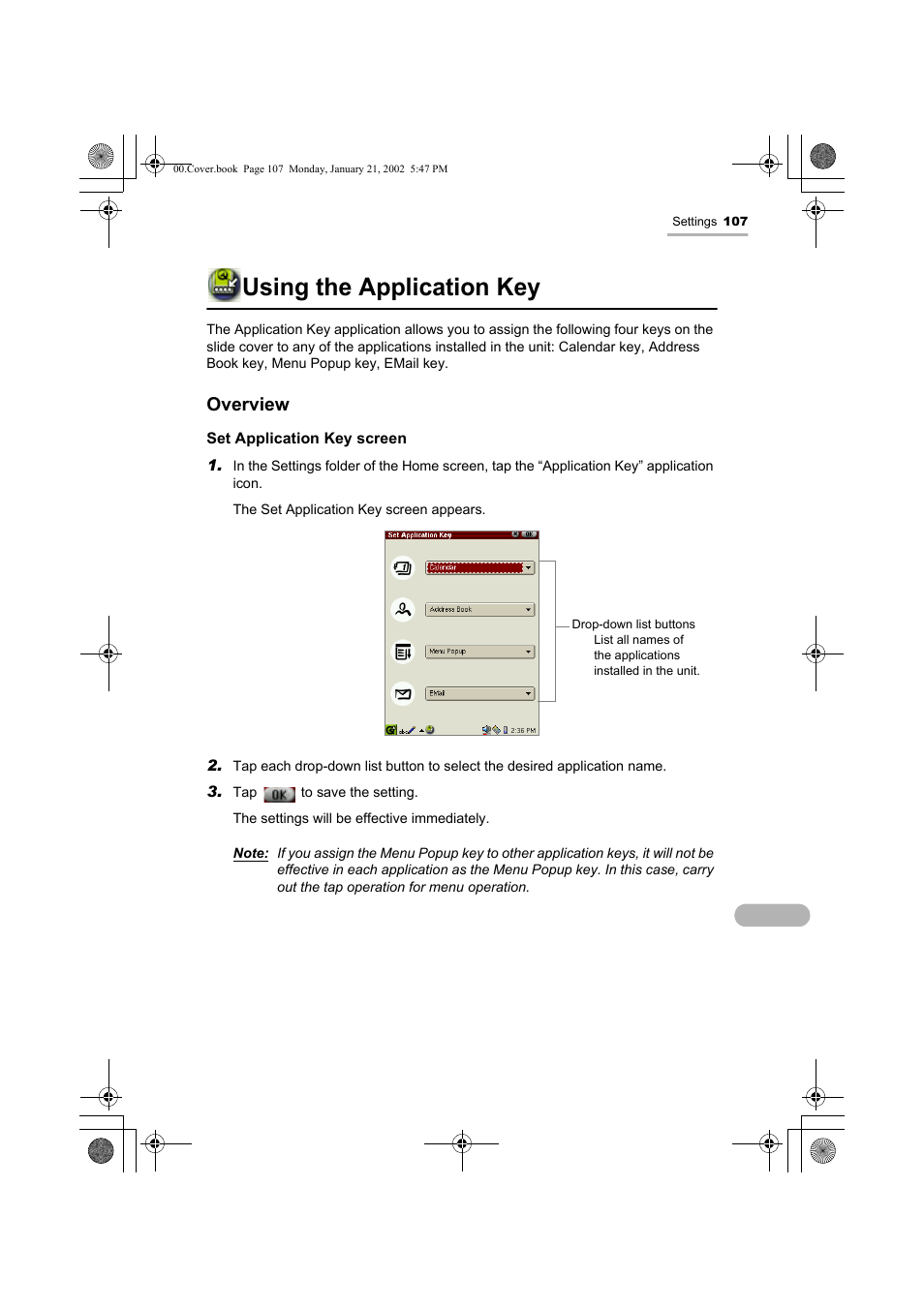 Using the application key, Overview | Sharp SL-5500 User Manual | Page 112 / 148