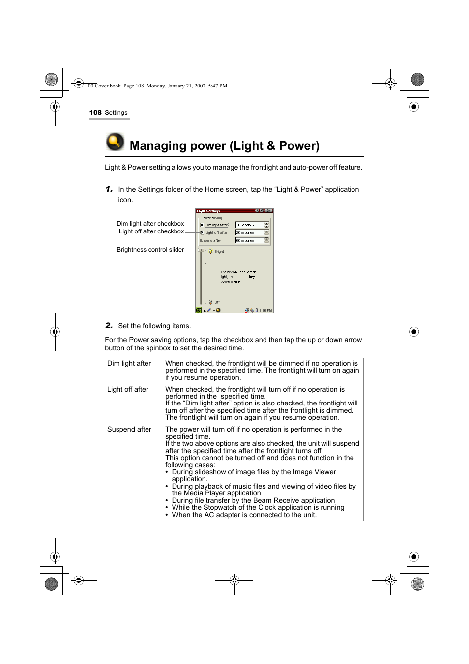 Managing power (light & power) | Sharp SL-5500 User Manual | Page 113 / 148