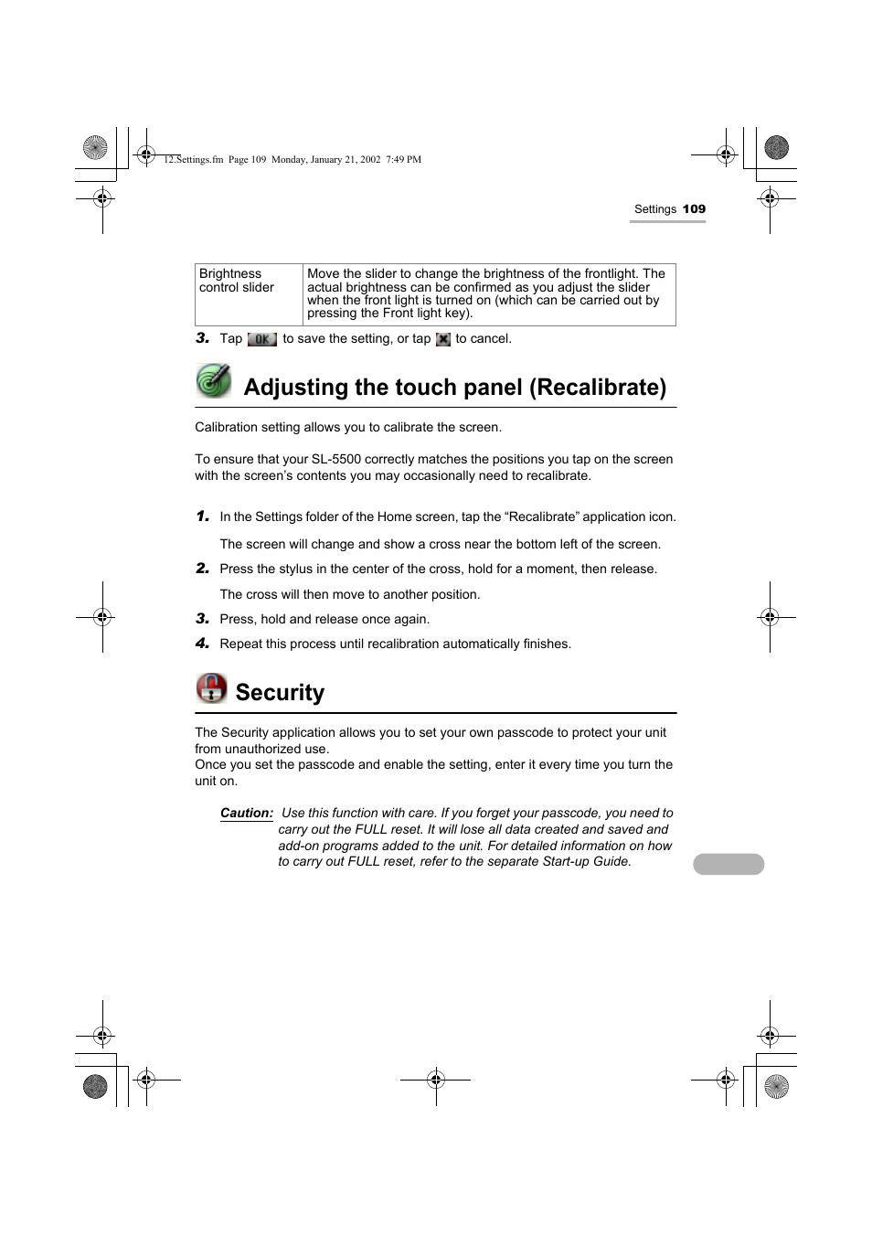 Adjusting the touch panel (recalibrate), Security | Sharp SL-5500 User Manual | Page 114 / 148