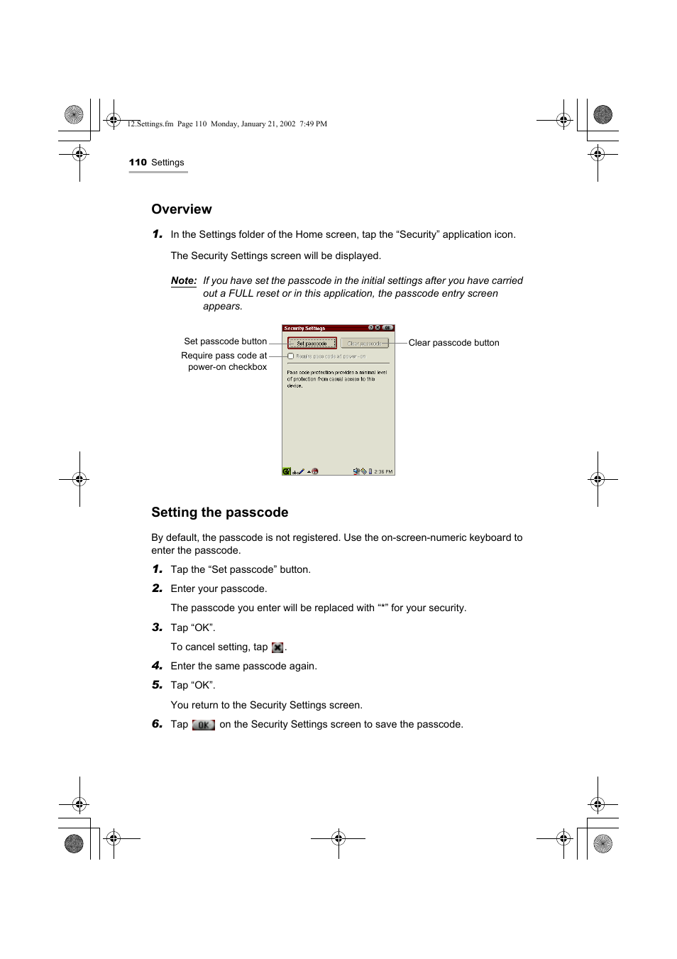 Overview, Setting the passcode | Sharp SL-5500 User Manual | Page 115 / 148