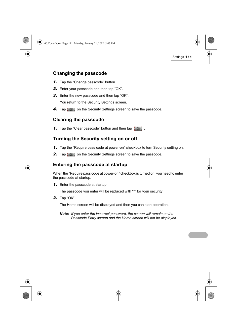 Changing the passcode, Clearing the passcode, Turning the security setting on or off | Entering the passcode at startup | Sharp SL-5500 User Manual | Page 116 / 148