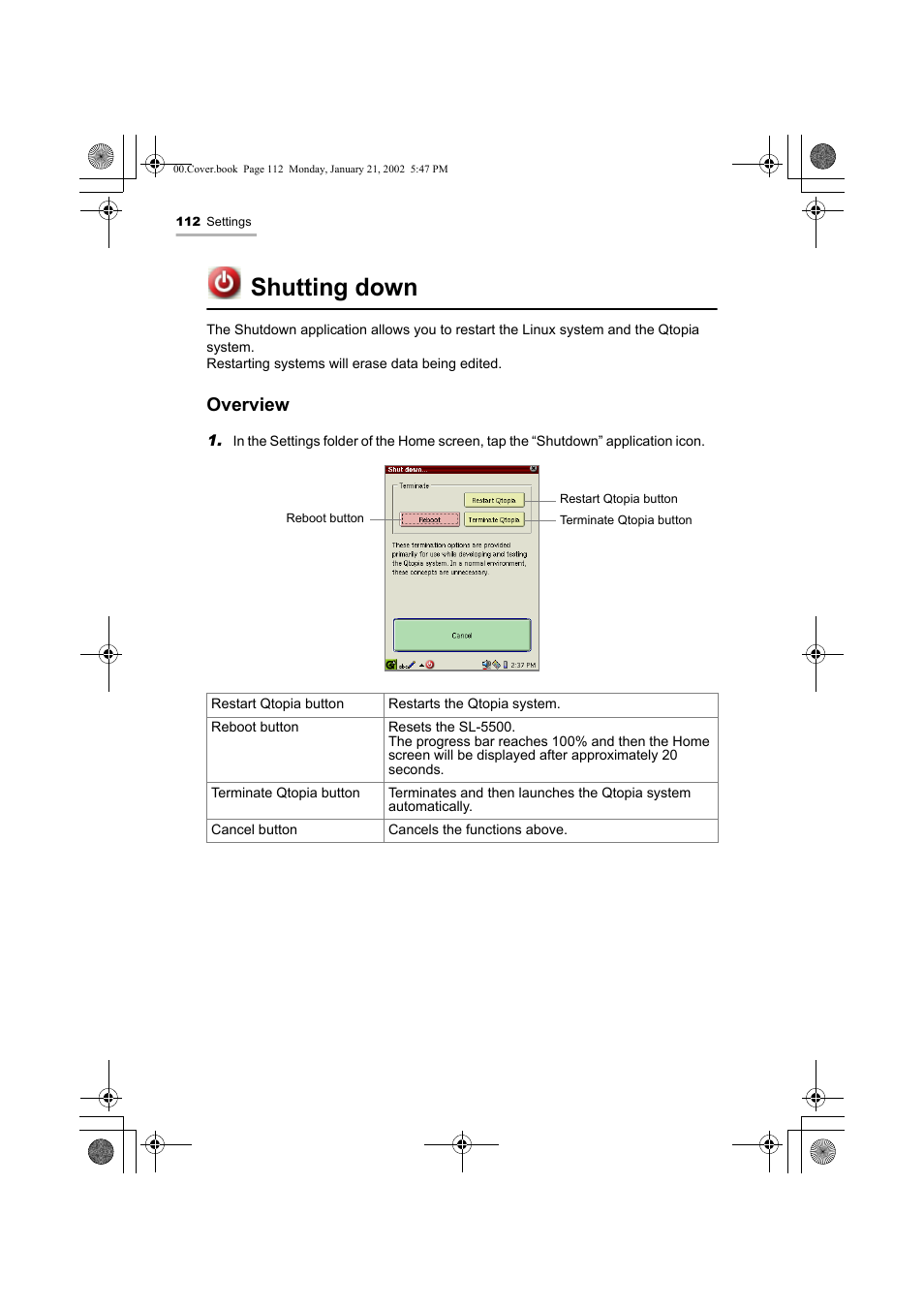 Shutting down, Overview | Sharp SL-5500 User Manual | Page 117 / 148