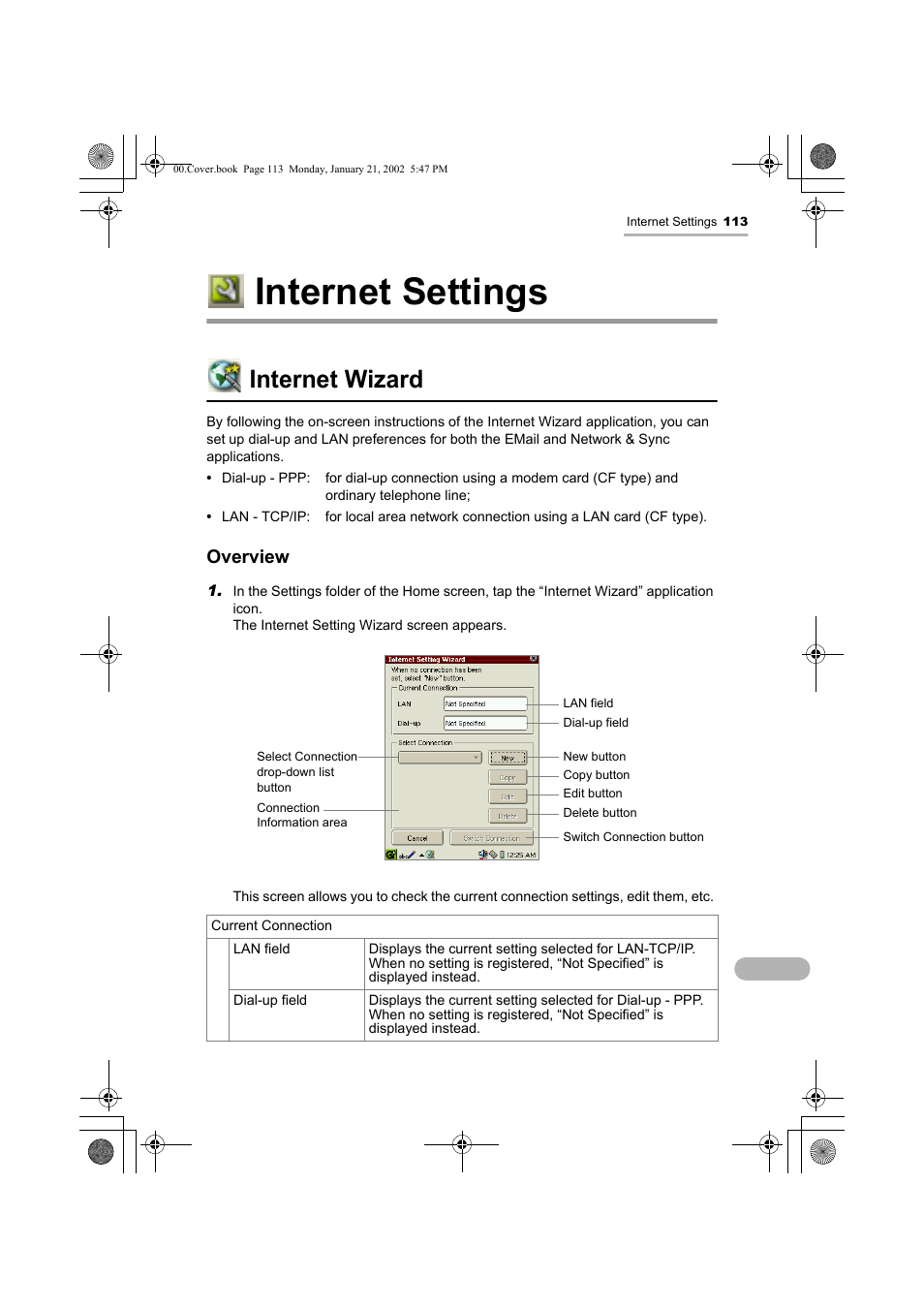 Internet settings, Internet wizard, Overview | Sharp SL-5500 User Manual | Page 118 / 148