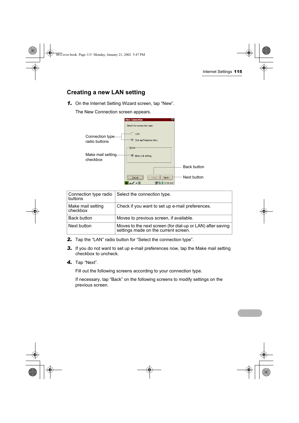 Creating a new lan setting | Sharp SL-5500 User Manual | Page 120 / 148