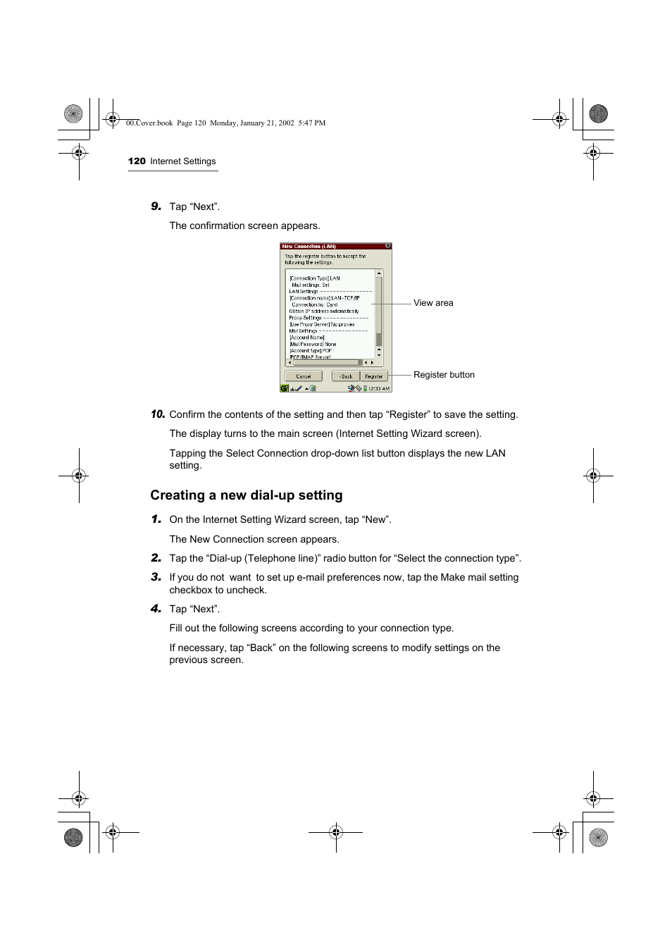 Creating a new dial-up setting | Sharp SL-5500 User Manual | Page 125 / 148