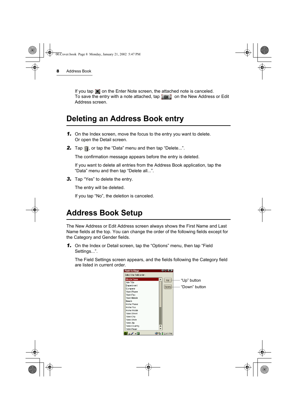 Deleting an address book entry, Address book setup | Sharp SL-5500 User Manual | Page 13 / 148