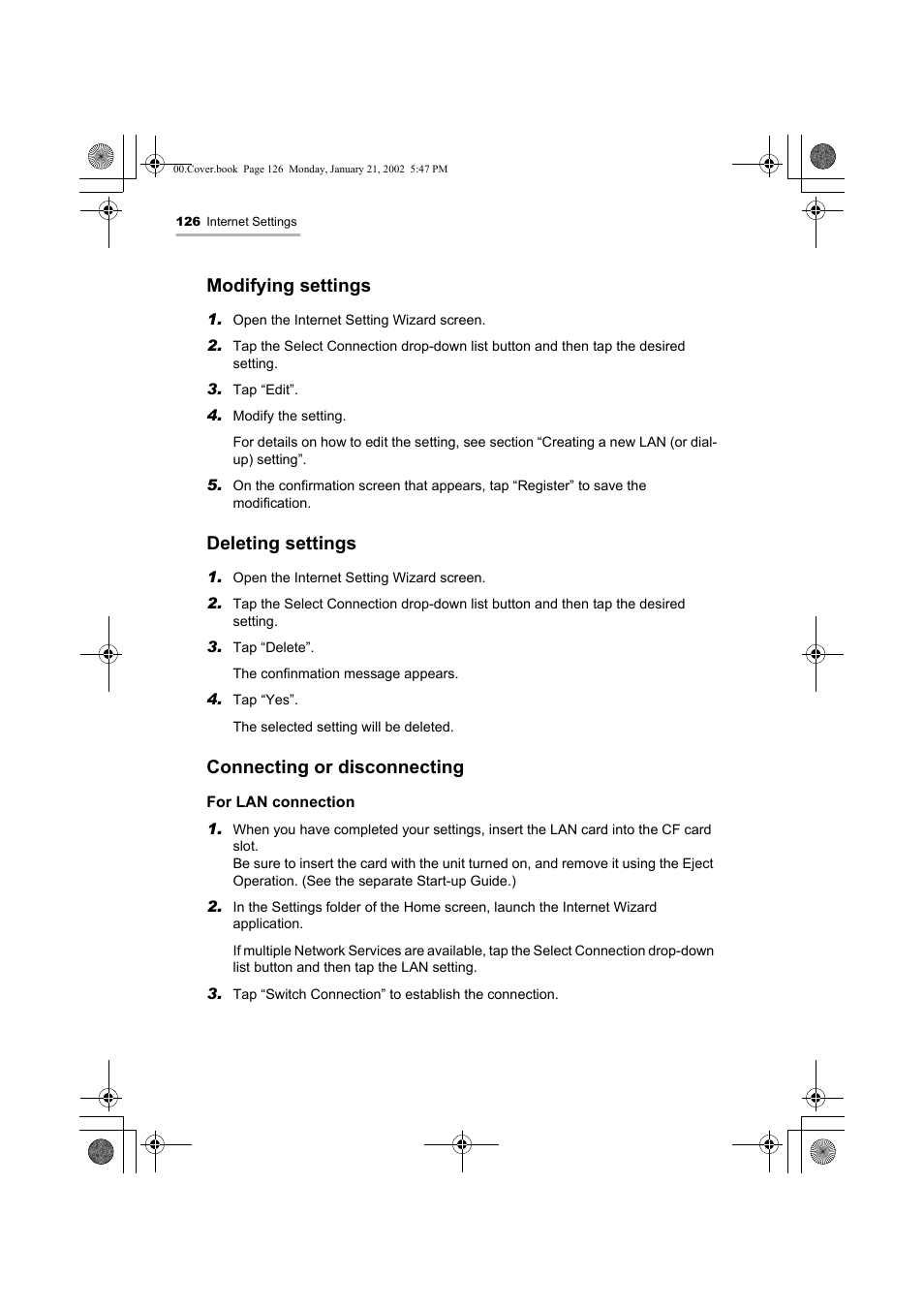 Modifying settings, Deleting settings, Connecting or disconnecting | Sharp SL-5500 User Manual | Page 131 / 148