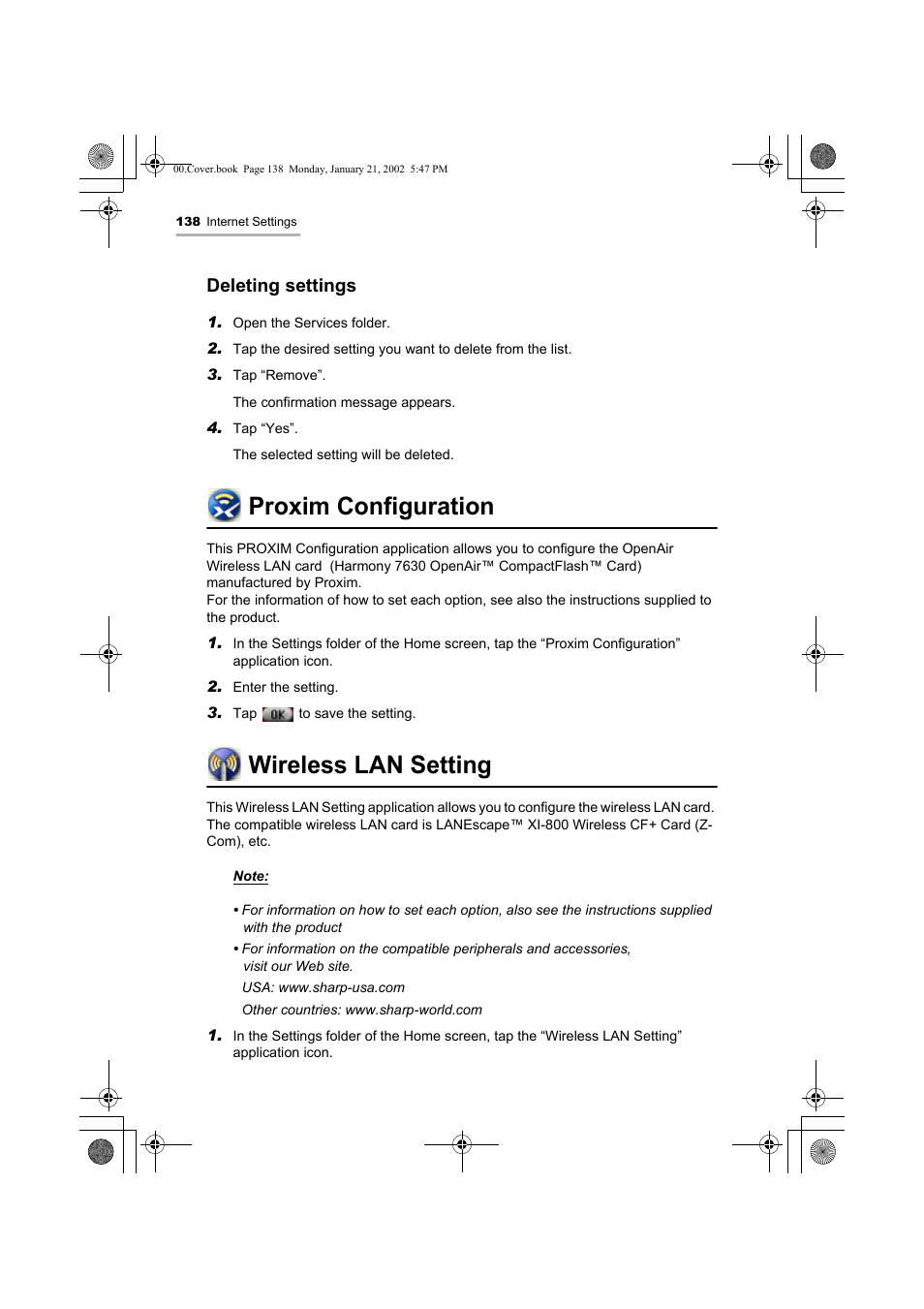 Proxim configuration, Wireless lan setting, Deleting settings | Sharp SL-5500 User Manual | Page 143 / 148