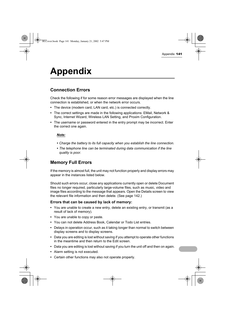 Appendix, Connection errors | Sharp SL-5500 User Manual | Page 146 / 148