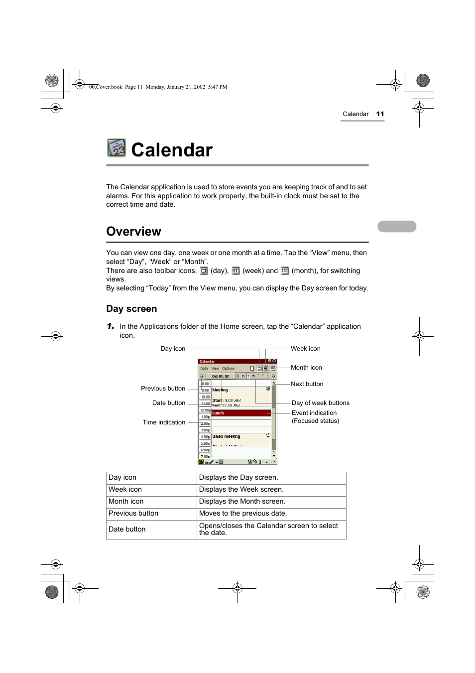 Calendar, Overview, Day screen | Sharp SL-5500 User Manual | Page 16 / 148