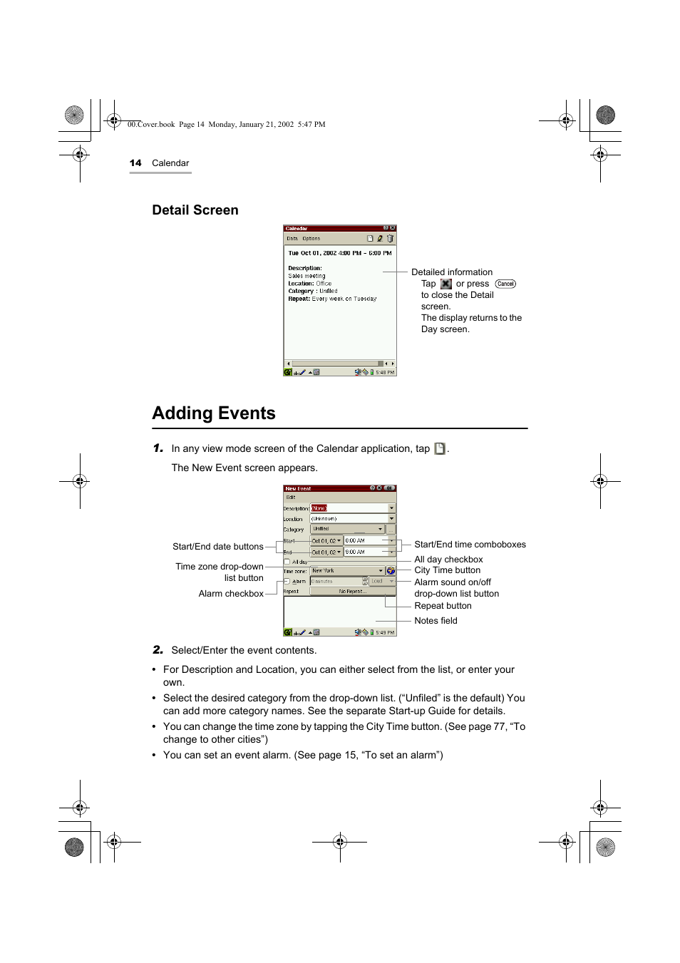 Adding events, Detail screen | Sharp SL-5500 User Manual | Page 19 / 148