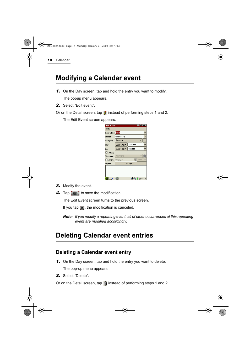 Modifying a calendar event, Deleting calendar event entries, Deleting a calendar event entry | Sharp SL-5500 User Manual | Page 23 / 148