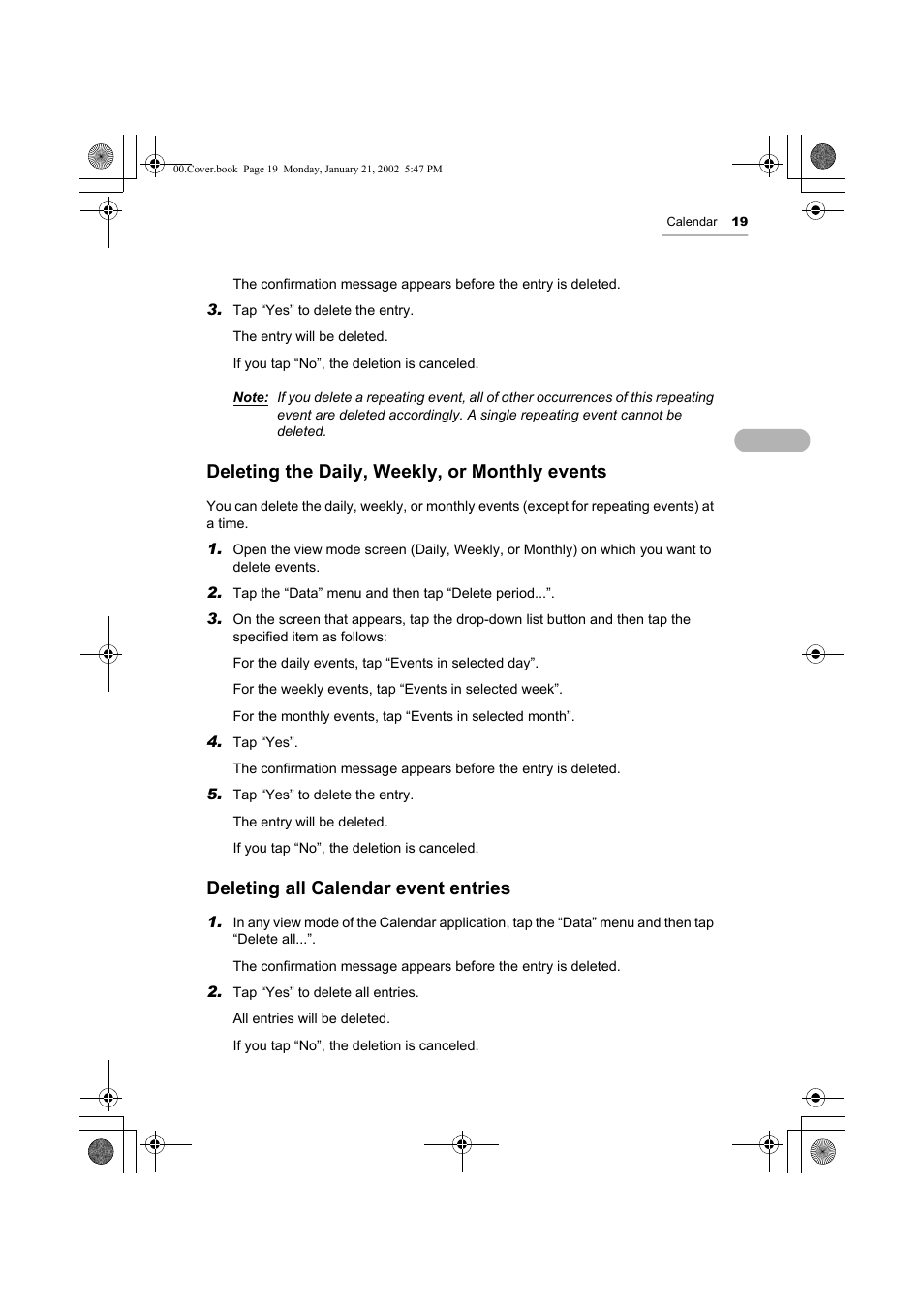 Deleting the daily, weekly, or monthly events, Deleting all calendar event entries | Sharp SL-5500 User Manual | Page 24 / 148