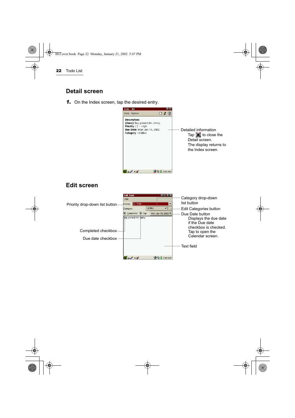 Detail screen, Edit screen | Sharp SL-5500 User Manual | Page 27 / 148