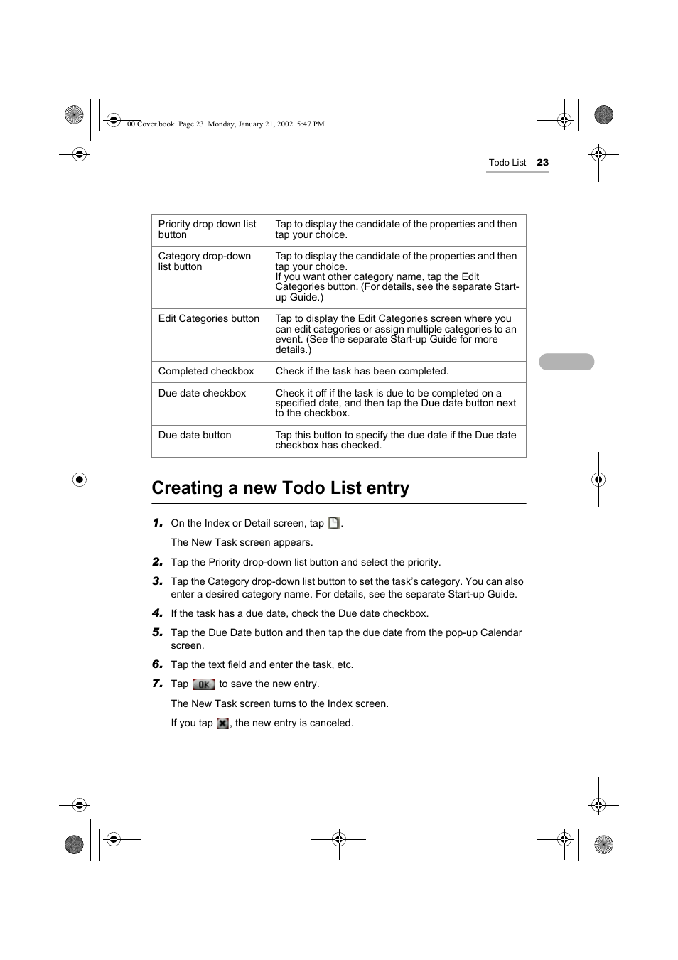 Creating a new todo list entry | Sharp SL-5500 User Manual | Page 28 / 148