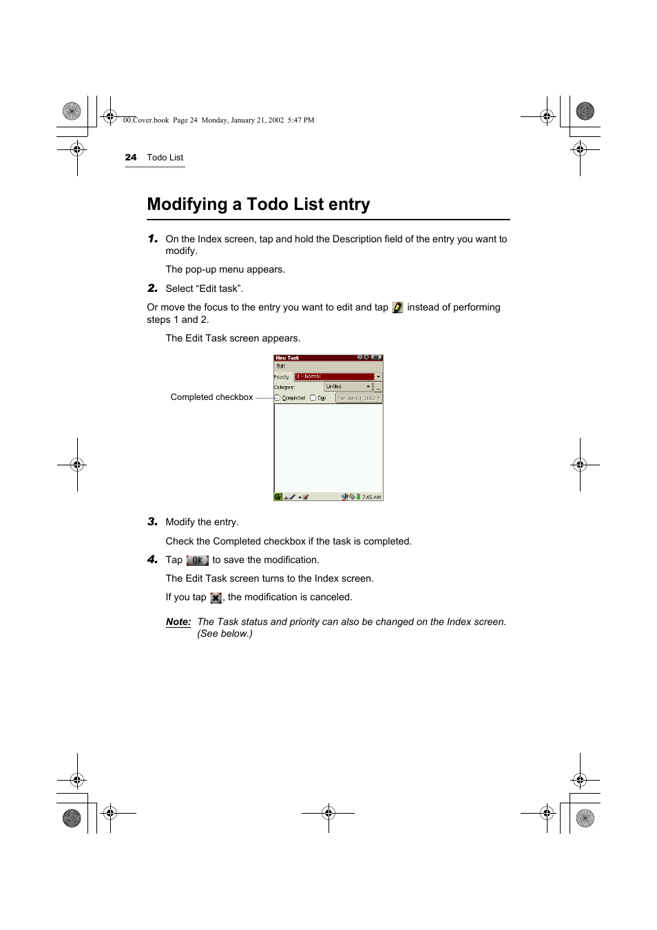 Modifying a todo list entry | Sharp SL-5500 User Manual | Page 29 / 148