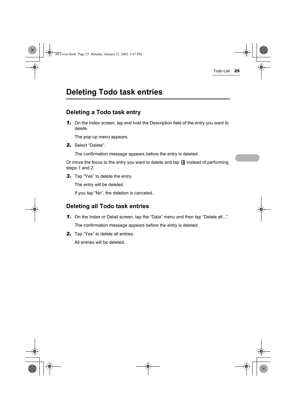 Deleting todo task entries, Deleting a todo task entry, Deleting all todo task entries | Sharp SL-5500 User Manual | Page 30 / 148