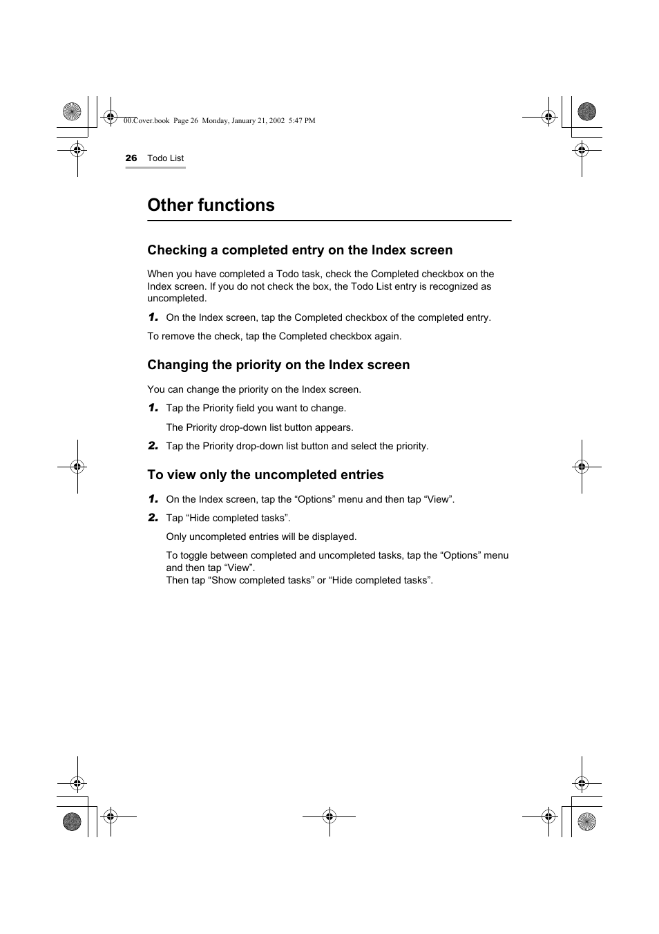 Other functions, Checking a completed entry on the index screen, Changing the priority on the index screen | Sharp SL-5500 User Manual | Page 31 / 148