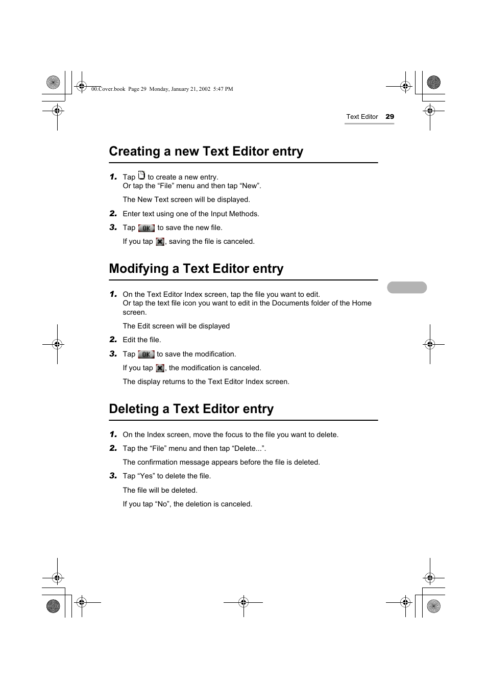 Creating a new text editor entry, Modifying a text editor entry, Deleting a text editor entry | Sharp SL-5500 User Manual | Page 34 / 148