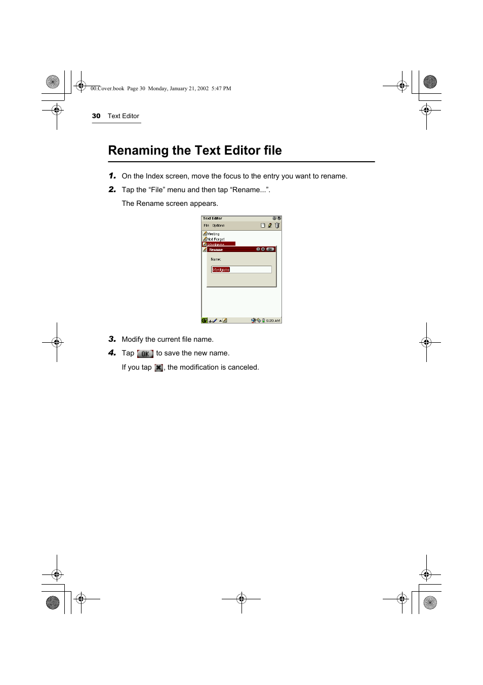 Renaming the text editor file | Sharp SL-5500 User Manual | Page 35 / 148