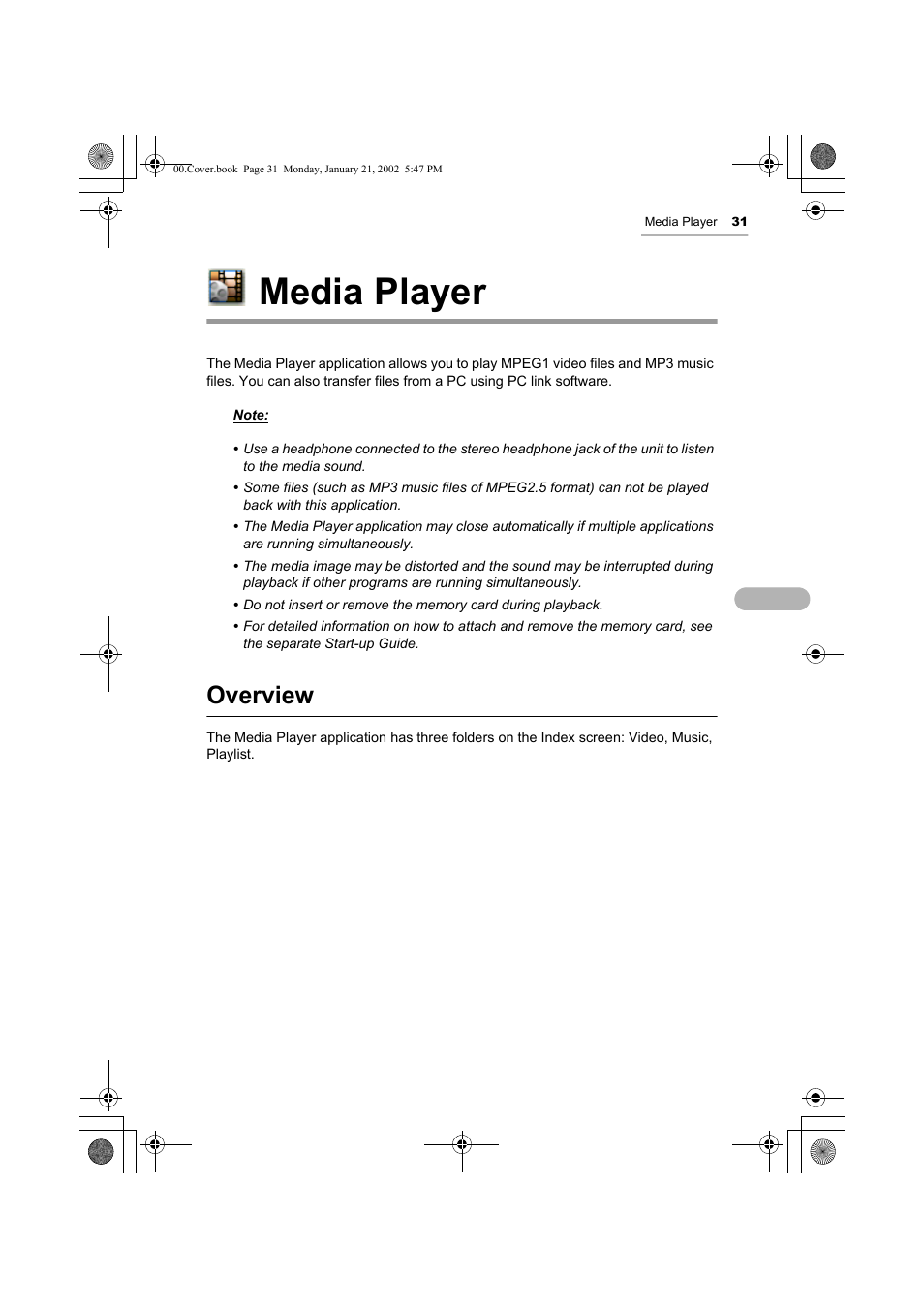 Media player, Overview | Sharp SL-5500 User Manual | Page 36 / 148