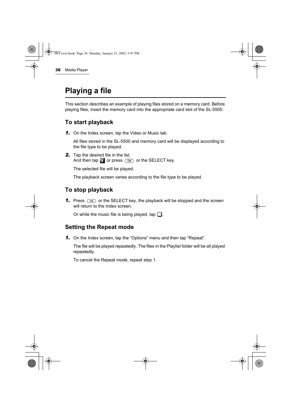 Playing a file, Setting the repeat mode | Sharp SL-5500 User Manual | Page 41 / 148