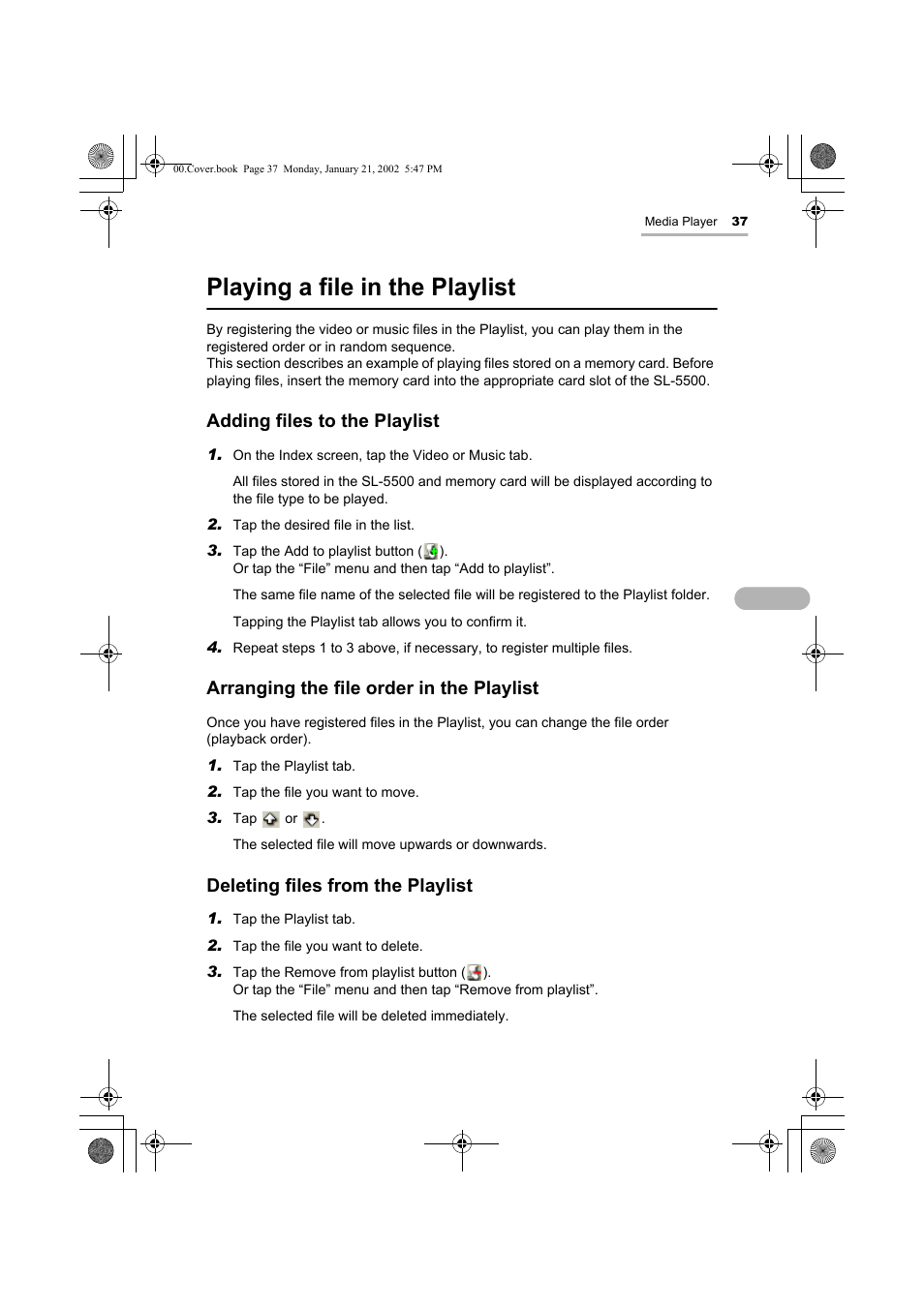 Playing a file in the playlist, Adding files to the playlist, Arranging the file order in the playlist | Deleting files from the playlist | Sharp SL-5500 User Manual | Page 42 / 148