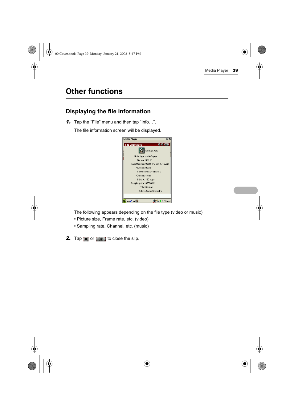 Other functions, Displaying the file information | Sharp SL-5500 User Manual | Page 44 / 148