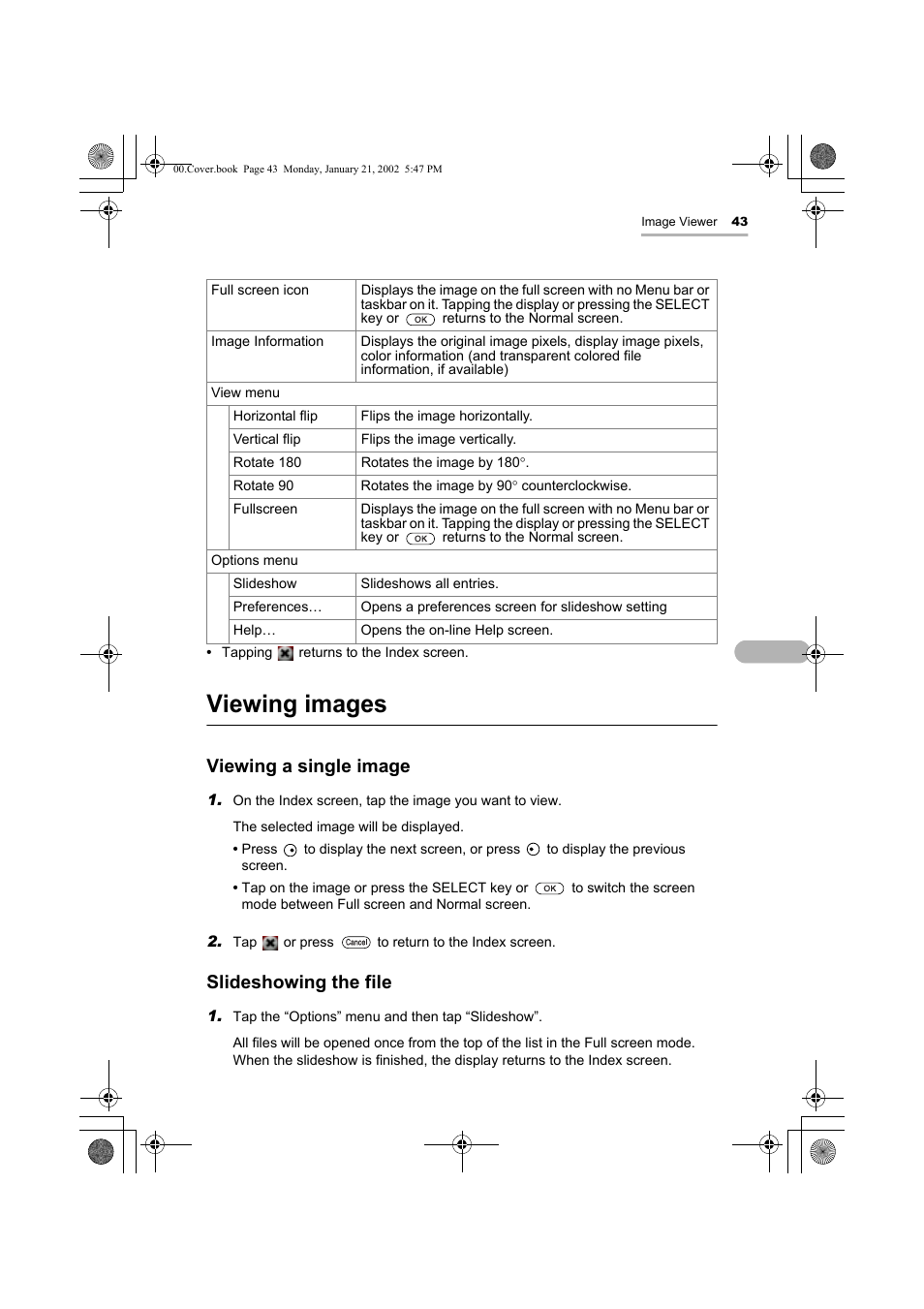 Viewing images, Viewing a single image, Slideshowing the file | Sharp SL-5500 User Manual | Page 48 / 148