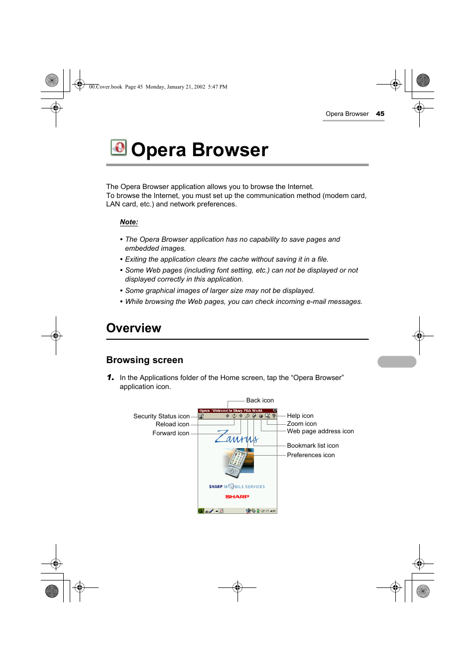 Opera browser, Overview, Browsing screen | Sharp SL-5500 User Manual | Page 50 / 148