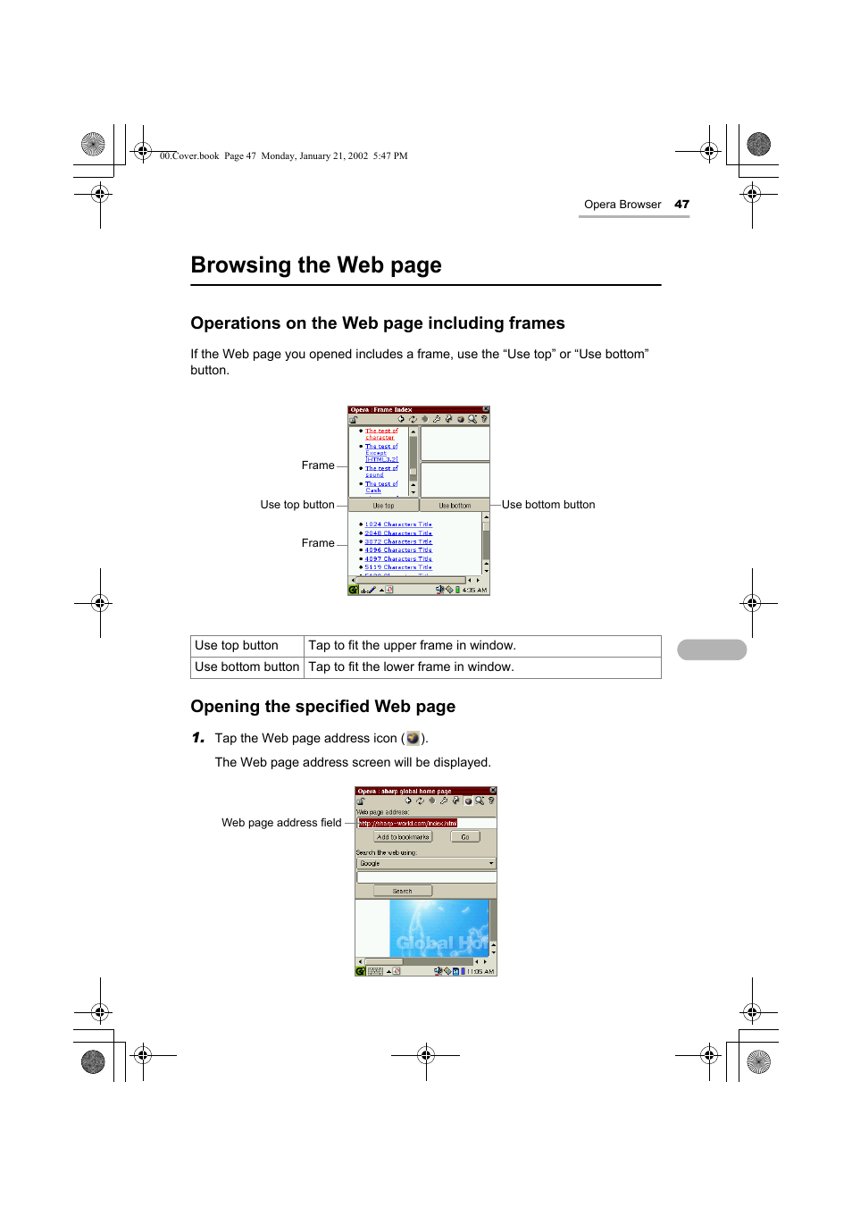 Browsing the web page, Operations on the web page including frames, Opening the specified web page | Sharp SL-5500 User Manual | Page 52 / 148