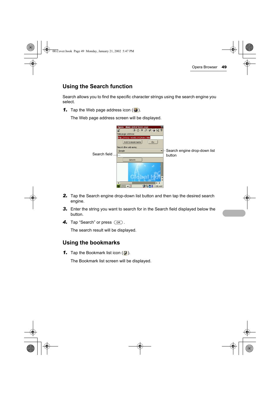 Using the search function, Using the bookmarks | Sharp SL-5500 User Manual | Page 54 / 148