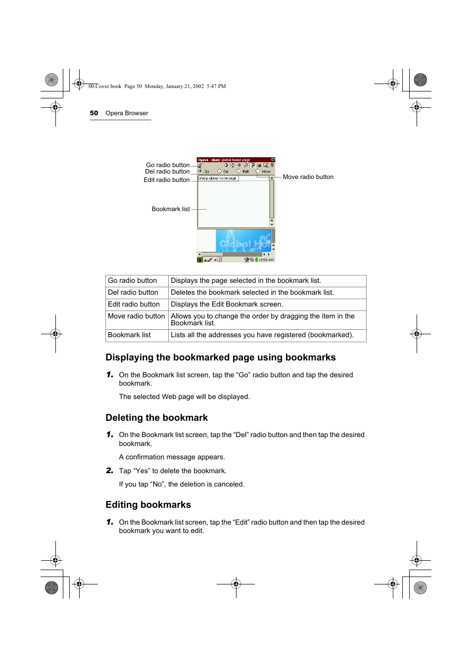 Displaying the bookmarked page using bookmarks, Deleting the bookmark, Editing bookmarks | Sharp SL-5500 User Manual | Page 55 / 148