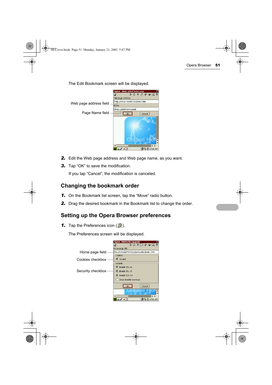 Changing the bookmark order, Setting up the opera browser preferences | Sharp SL-5500 User Manual | Page 56 / 148