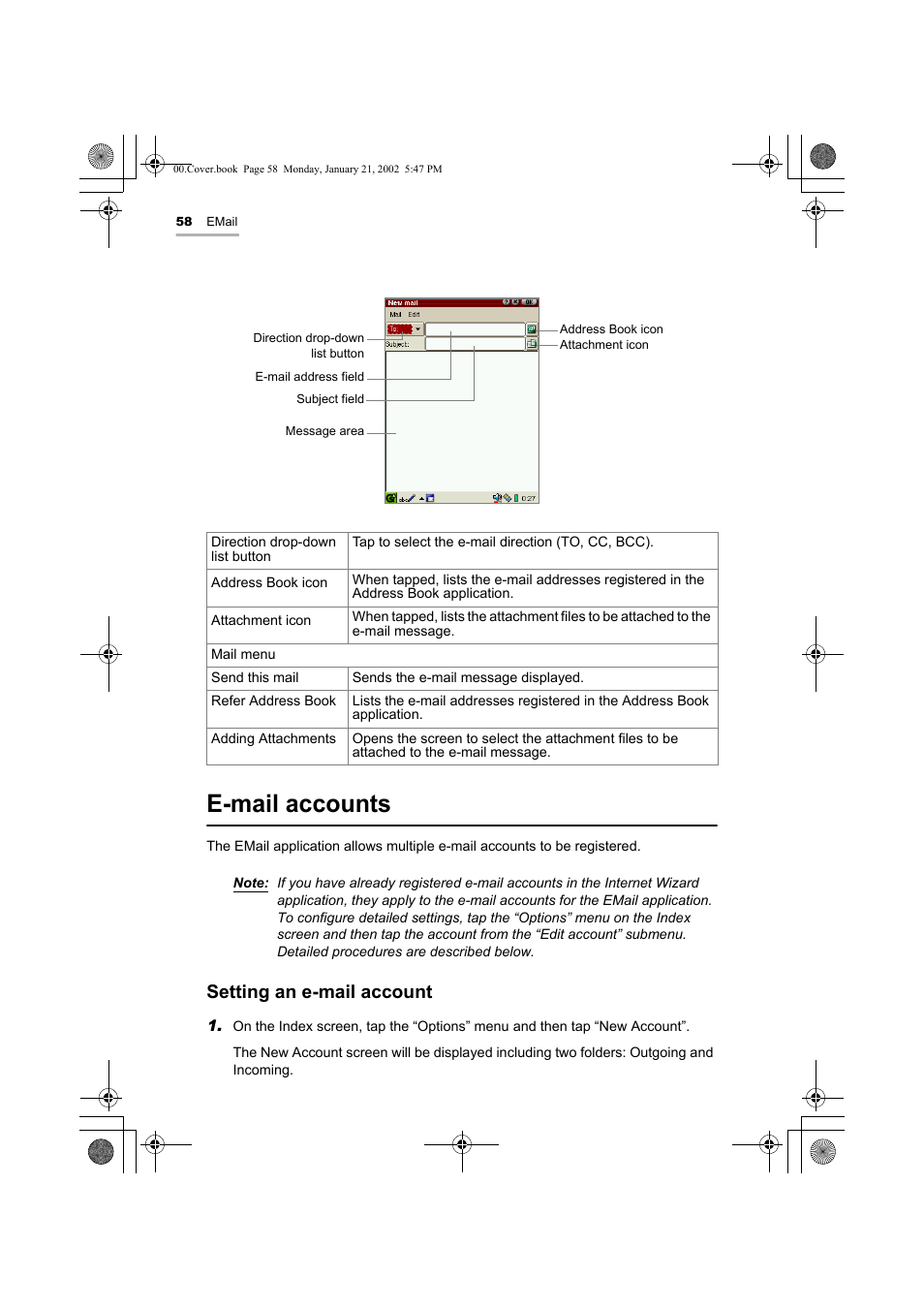 E-mail accounts, Setting an e-mail account | Sharp SL-5500 User Manual | Page 63 / 148